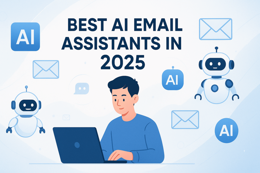 Illustration of a person using a laptop with AI icons and email envelopes floating around, representing AI email assistants in 2025.