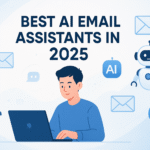 Illustration of a person using a laptop with AI icons and email envelopes floating around, representing AI email assistants in 2025.