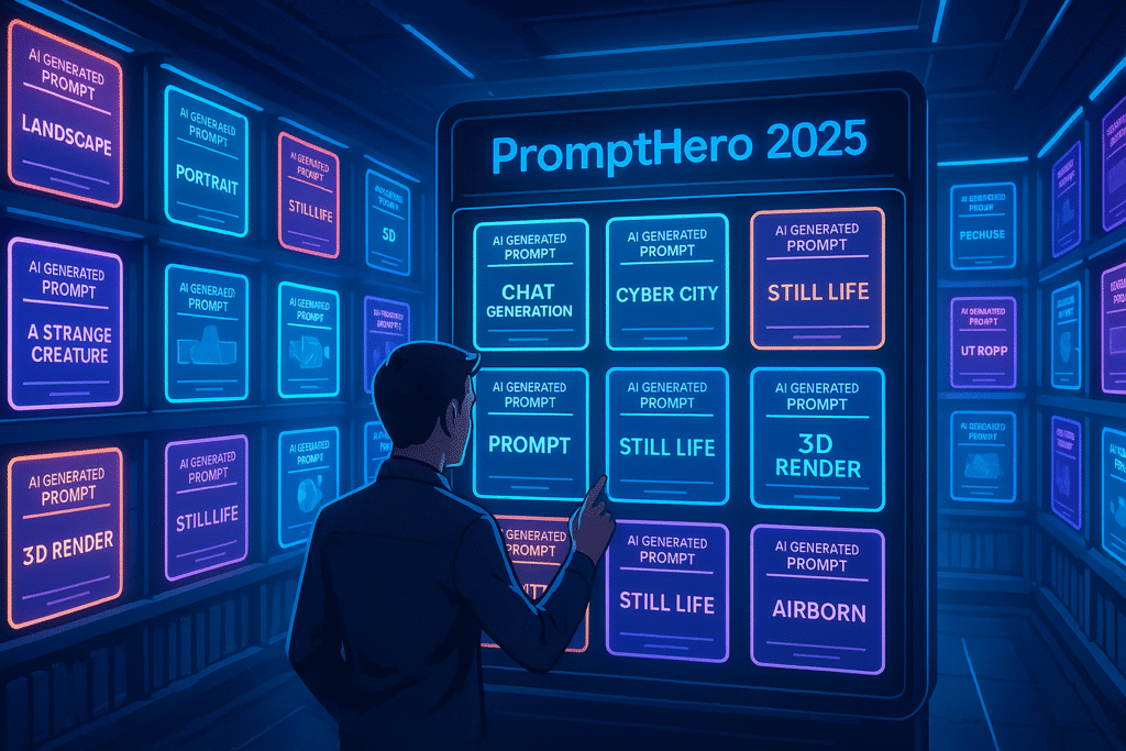PromptHero review 2025 dashboard screenshot showing AI prompt templates for ChatGPT, Midjourney, and DALL-E with pricing plans and user interface