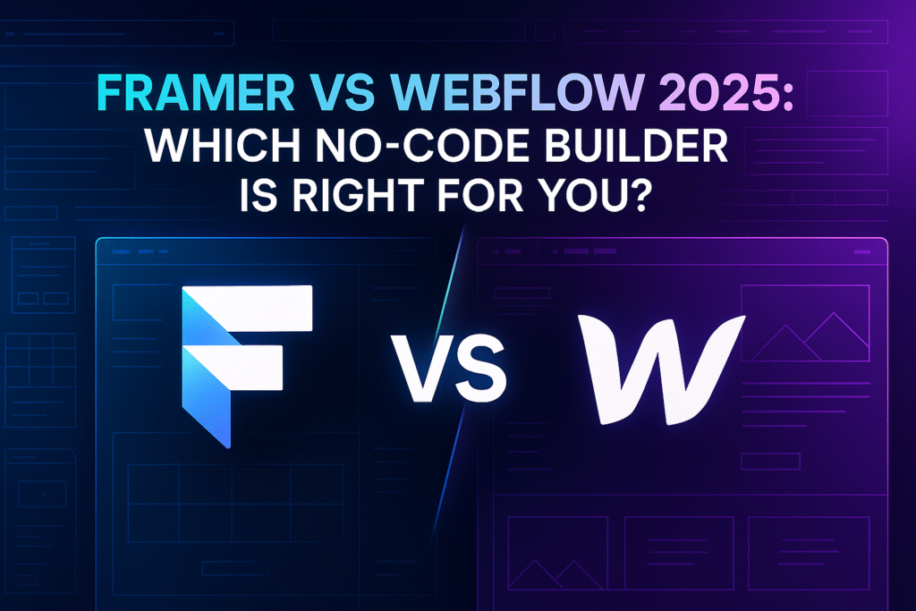 Side-by-side comparison of Framer vs Webflow interfaces showing design tools, with modern laptop displaying both no-code website builders for 2025 comparison guide