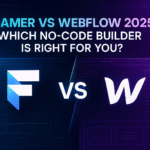 Side-by-side comparison of Framer vs Webflow interfaces showing design tools, with modern laptop displaying both no-code website builders for 2025 comparison guide