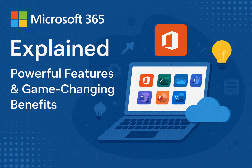 Microsoft 365 logo with headline 'Explained' and subheading 'Powerful Features & Game-Changing Benefits', surrounded by device and app icons including Word, Excel, PowerPoint, Outlook, and OneDrive