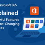 Microsoft 365 logo with headline 'Explained' and subheading 'Powerful Features & Game-Changing Benefits', surrounded by device and app icons including Word, Excel, PowerPoint, Outlook, and OneDrive