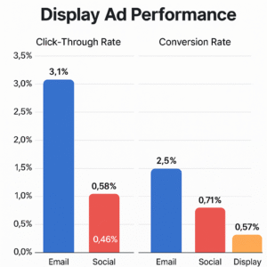 Bar chart comparing 2025 click-through and conversion rates of email, social media, and display ads