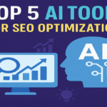 Top 5 AI tools for SEO optimization - visualization showing artificial intelligence enhancing search rankings with digital marketing analytics dashboard and growth charts