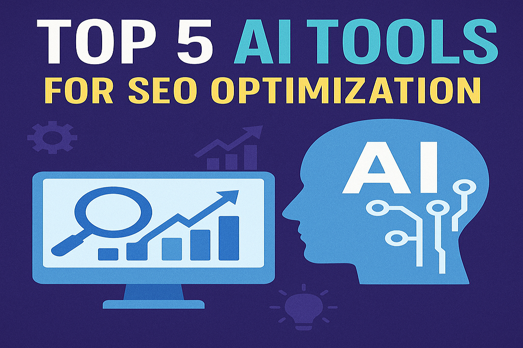 Top 5 AI tools for SEO optimization - visualization showing artificial intelligence enhancing search rankings with digital marketing analytics dashboard and growth charts