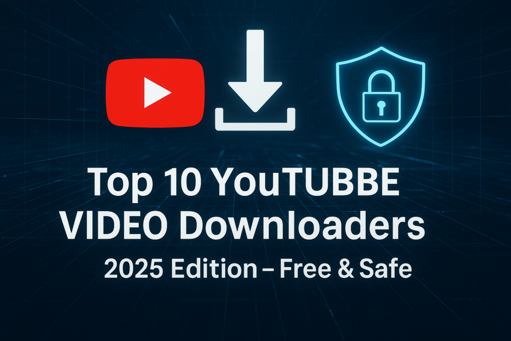 Collage of YouTube video downloader software interfaces showing safe download options, security shields, and high-quality video thumbnails with play buttons and download arrows on computer and mobile screens