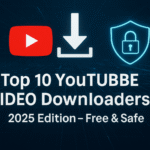 Collage of YouTube video downloader software interfaces showing safe download options, security shields, and high-quality video thumbnails with play buttons and download arrows on computer and mobile screens