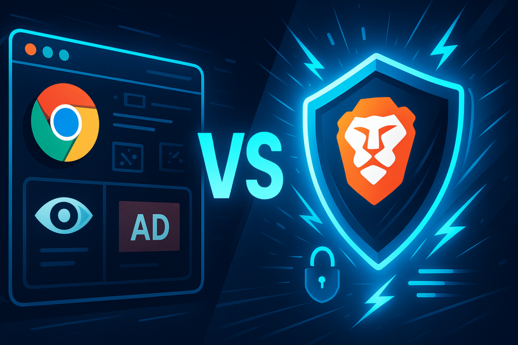 Illustration comparing Chrome vs Brave browsers, highlighting Brave's speed, privacy, and ad-blocking features versus Chrome's data tracking and resource usage.
