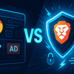 Illustration comparing Chrome vs Brave browsers, highlighting Brave's speed, privacy, and ad-blocking features versus Chrome's data tracking and resource usage.